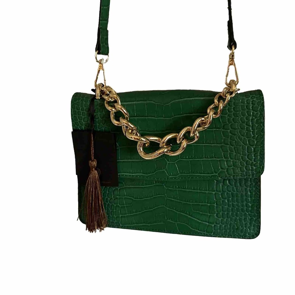 House of Harlow 1960 Green Croc Embossed Leather Crossbody Bag‎ Gold Chain Italy